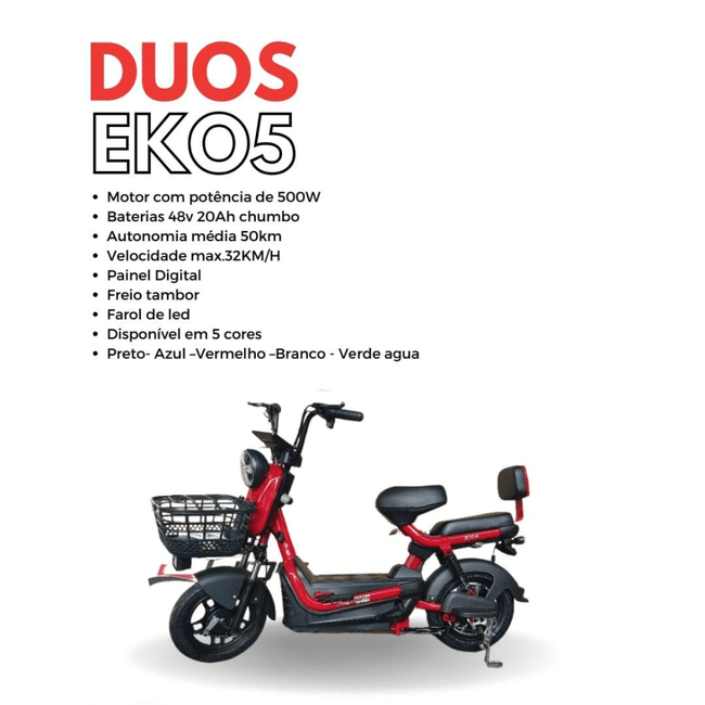 Bicicleta Elétrica Duos Eko-5 Aro 14 500 Watts Vermelho