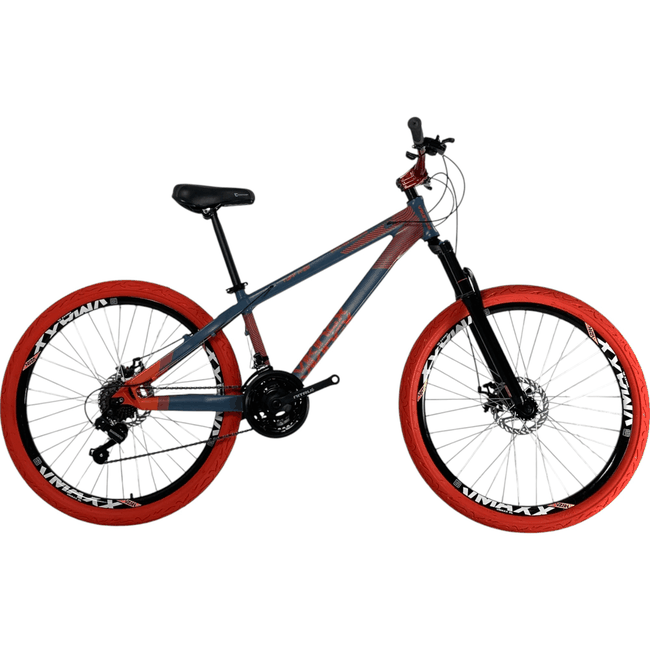 Bicicleta Vikingx Tuff X-35 Shimano 21V com Roda Laranja e Guidão Vermelho Aro 26 Azul Petróleo e Laranja