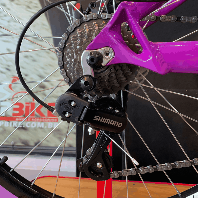 Bicicleta Vikingx Tuff 25 Shimano 21v com Roda Roxa e Guidão Roxo Aro 26 Roxa e Branca e Amarela e Verde