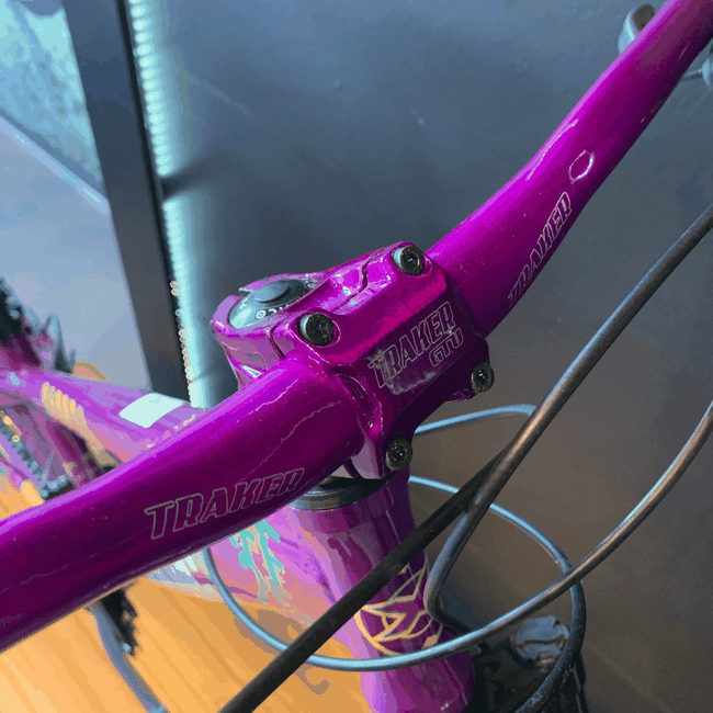 Bicicleta Vikingx Tuff 25 Shimano 21v com Roda Roxa e Guidão Roxo Aro 26 Roxa e Branca e Amarela e Verde