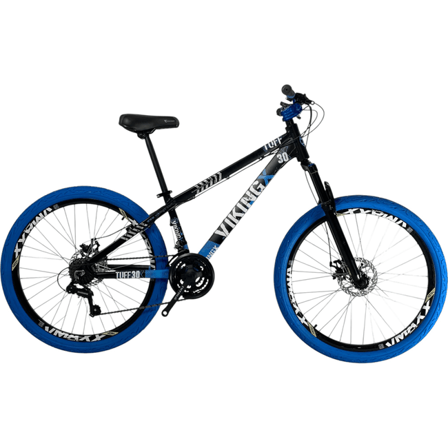 Bicicleta Vikingx Tuff 30 Shimano 30 com Roda Azul e Guidão Azul Aro 26 Preta e Azul e Branca