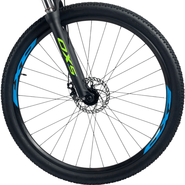 Bicicleta OXS Glide 100 Aro 29 Shimano 21v Preto e Azul e S-lime