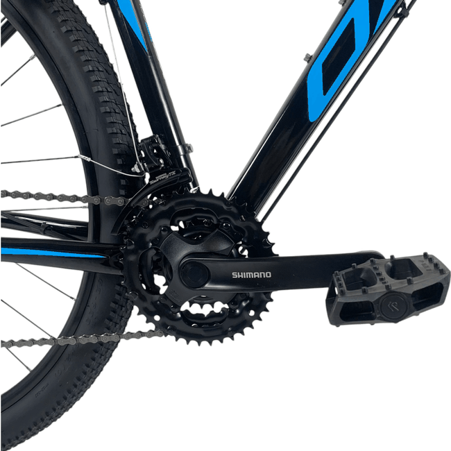 Bicicleta OXS Glide 100 Aro 29 Shimano 21v Preto e Azul e S-lime