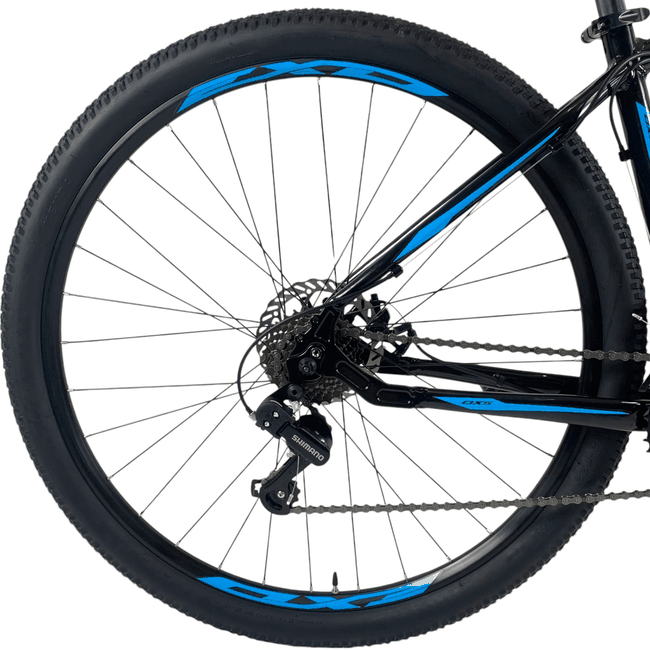 Bicicleta OXS Glide 100 Aro 29 Shimano 21v Preto e Azul e S-lime