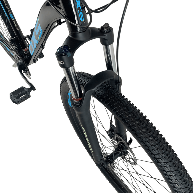 Bicicleta OXS Glide 100 Aro 29 Shimano 21v Preto e Azul e S-lime