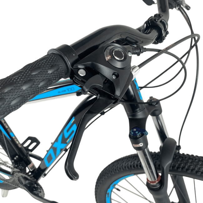 Bicicleta OXS Glide 100 Aro 29 Shimano 21v Preto e Azul e S-lime