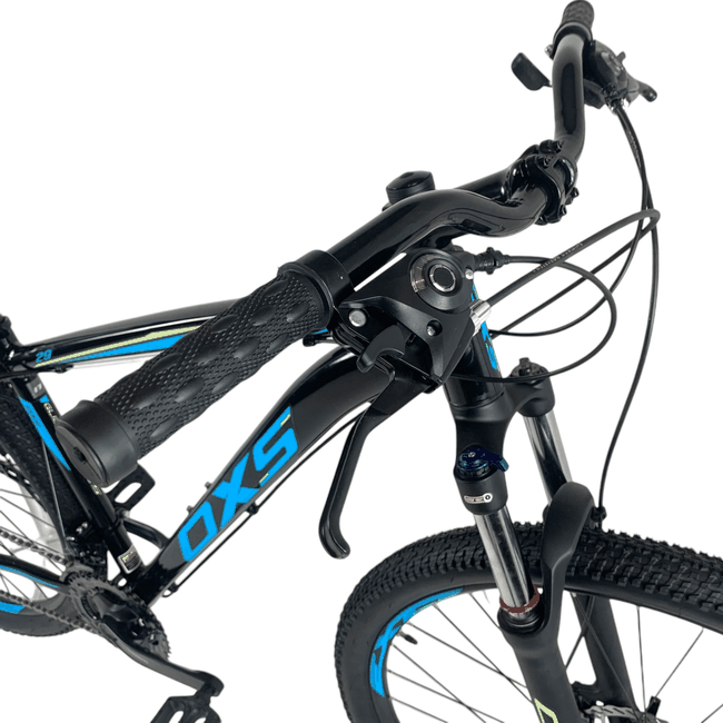 Bicicleta OXS Glide 100 Aro 29 Shimano 21v Preto e Azul e S-lime