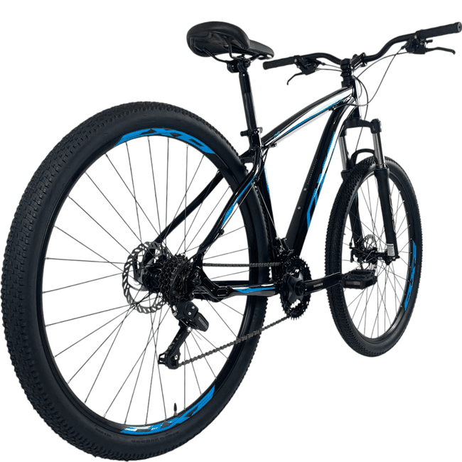 Bicicleta OXS Glide 100 Aro 29 Shimano 21v Preto e Azul e S-lime