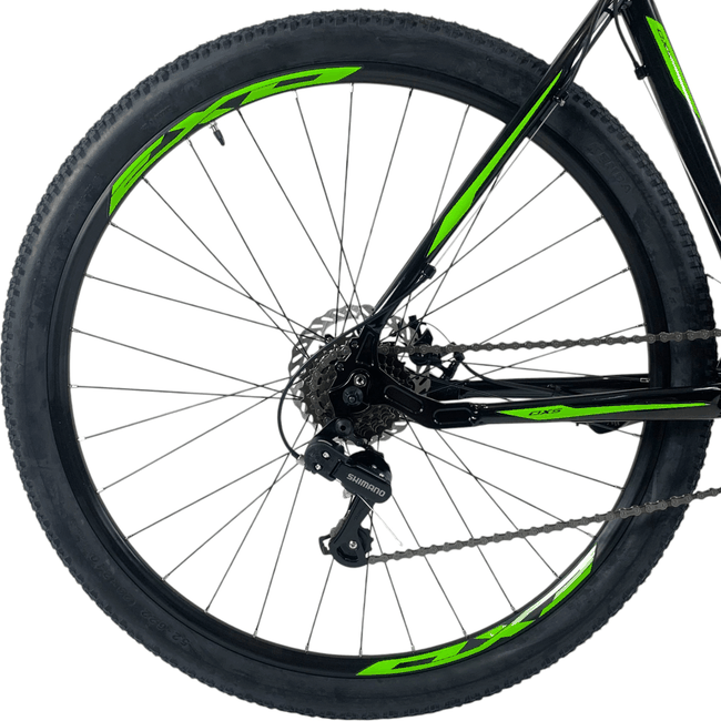Bicicleta OXS Glide 100 Aro 29 Shimano 21v Preto e Verde e Azul