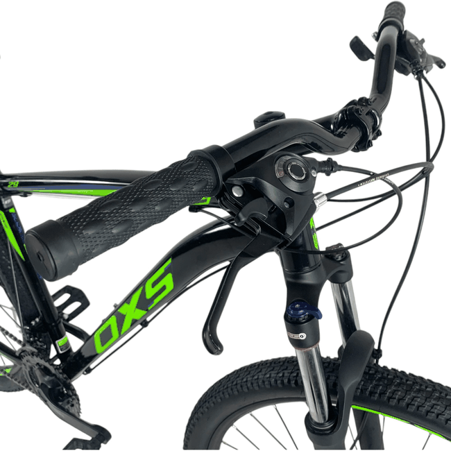 Bicicleta OXS Glide 100 Aro 29 Shimano 21v Preto e Verde e Azul