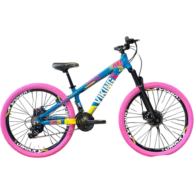 Bicicleta Vikingx Aro 26 Tuff-25 Shimano Verde Amarelo Rosa