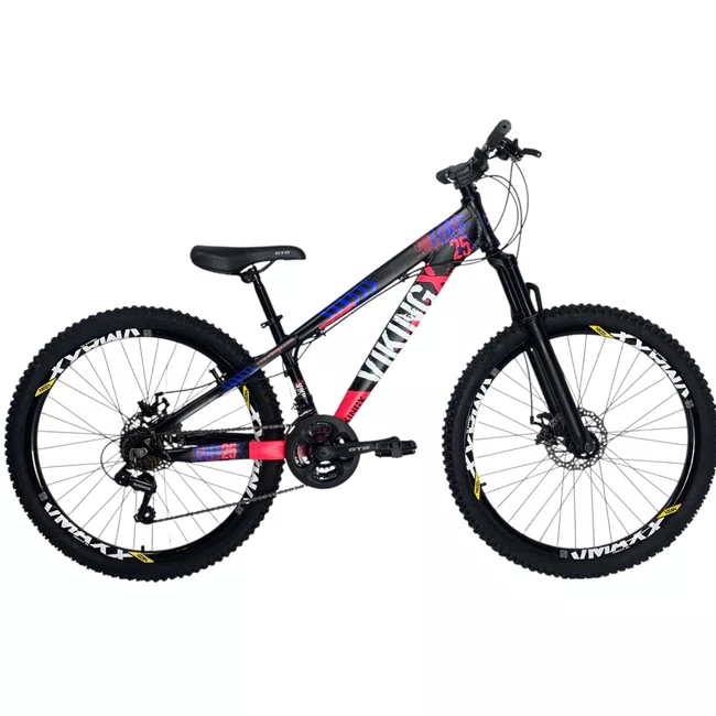 Bicicleta Vikingx Tuff-25 Aro 26 Shimano 21v Preta e Rosa e Azul e Branca