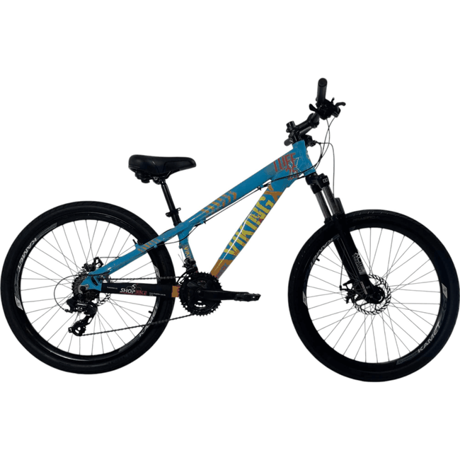 Bicicleta VikingX Tuff 25 Aro 26 Shimano Tourney 21V Azul e Laranja e Amarelo e Rosa - SemiNova