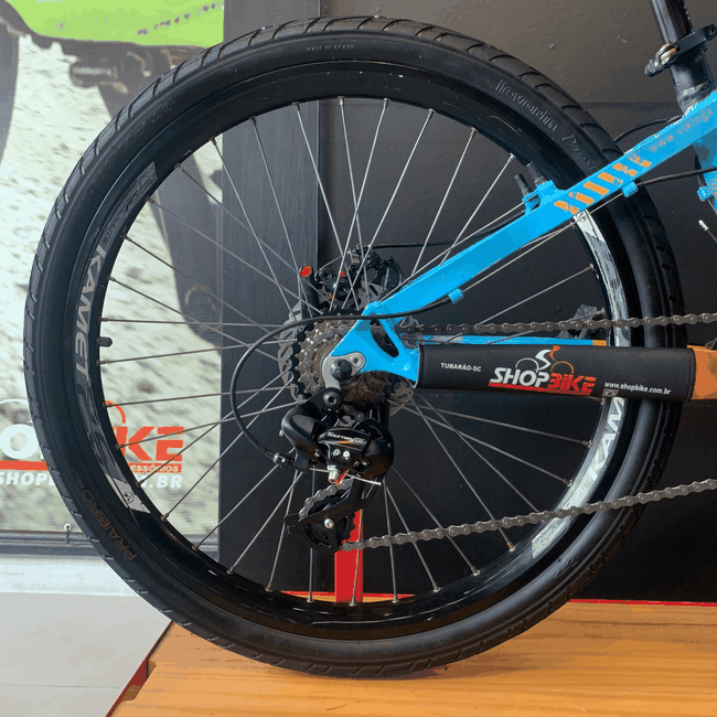 Bicicleta VikingX Tuff 25 Aro 26 Shimano Tourney 21V Azul e Laranja e Amarelo e Rosa - SemiNova