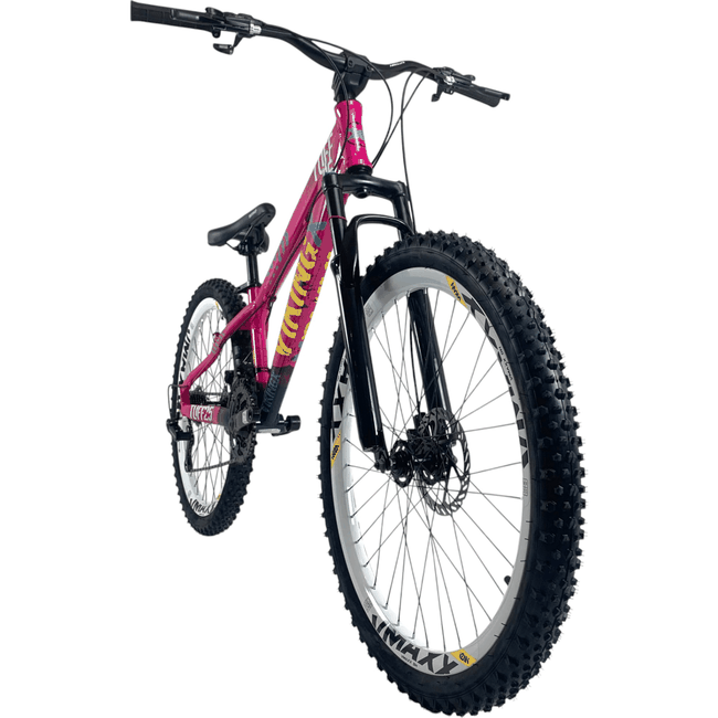 Bicicleta VikingX Tuff 25 Aro 26 Tourney 21v Rosa e Azul e Amarelo
