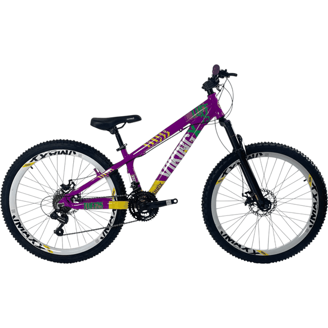 Bicicleta Vikingx Tuff 25 Aro 26 Tourney 21v Roxo e Amarelo e Verde