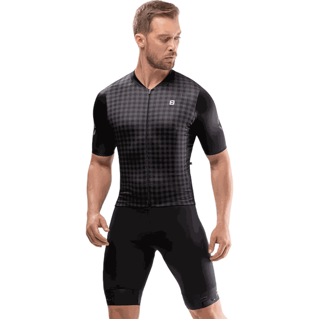 Camisa Ciclismo Jersey Masculina Manga Curta Euro Furbo Plaid Preto e Cinza