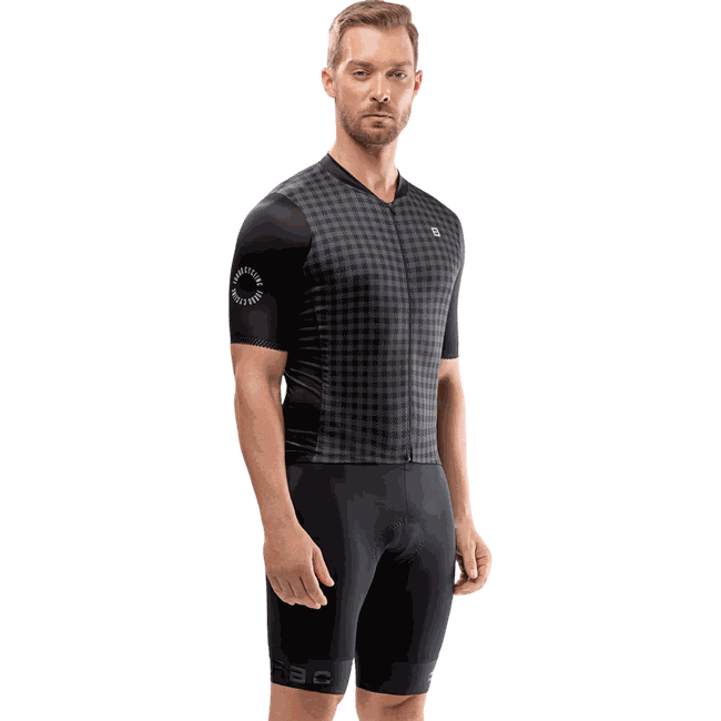 Camisa Ciclismo Jersey Masculina Manga Curta Euro Furbo Plaid Preto e Cinza