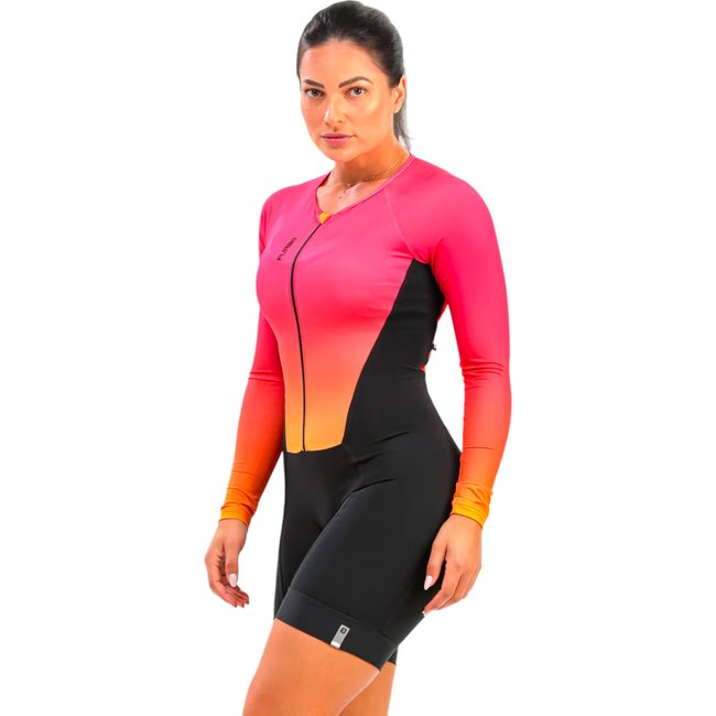 Macaquinho Feminino Furbo Gradiant Blade Manga Longa Rosa e Laranja e Preto