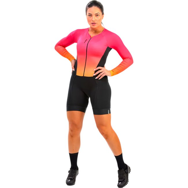 Macaquinho Feminino Furbo Gradiant Blade Manga Longa Rosa e Laranja e Preto