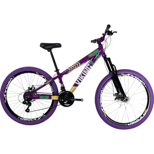 Bicicleta Vikingx Tuff 25 Shimano 21v com Roda Roxa e Guidão Roxo Aro 26 Roxa e Branca e Amarela e Verde Bicicleta Vikingx Tuff 25 Shimano 21v com Roda Roxa e Guidão Roxo Aro 26 Roxa e Branca e Amarela e Verde