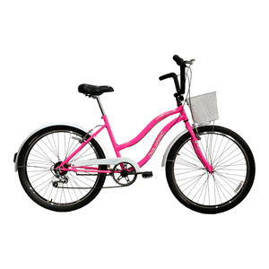 Bicicleta Dalannio Beach Retrô Aro 26 6v Feminina Rosa e Branco