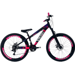 Bicicleta VikingX Tuff 25 Aro 26 Tourney 21v Preto e Rosa e Azul e Rosa